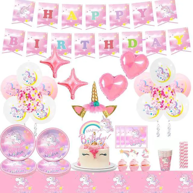 Main image of Unicorn Birthday Decorations for Girls,178pcs Unicorn Party Supplies Tableware Set- Unicorn Balloon Banner Headband Tablecloth Plates Cups Napkins Straws ect Unicorn Themed Birthday Party Supplies
