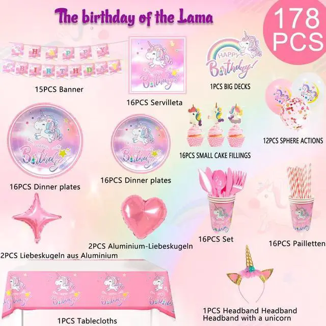 Alt view image 2 of 7 - Unicorn Birthday Decorations for Girls,178pcs Unicorn Party Supplies Tableware Set- Unicorn Balloon Banner Headband Tablecloth Plates Cups Napkins Straws ect Unicorn Themed Birthday Party Supplies