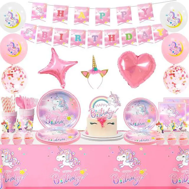 Alt view image 3 of 7 - Unicorn Birthday Decorations for Girls,178pcs Unicorn Party Supplies Tableware Set- Unicorn Balloon Banner Headband Tablecloth Plates Cups Napkins Straws ect Unicorn Themed Birthday Party Supplies