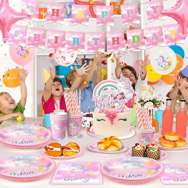 Alt view image 4 of 7 - Unicorn Birthday Decorations for Girls,178pcs Unicorn Party Supplies Tableware Set- Unicorn Balloon Banner Headband Tablecloth Plates Cups Napkins Straws ect Unicorn Themed Birthday Party Supplies