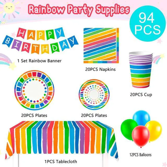 Alt view image 2 of 7 - Rainbow Party Supplies,166pcs Rainbow Party Decorations & Tableware Set - Rainbow Party Plates Napkins Cups & Rainbow Birthday Decorations Balloons Banner etc Rainbow Themed Birthday Party Supplies