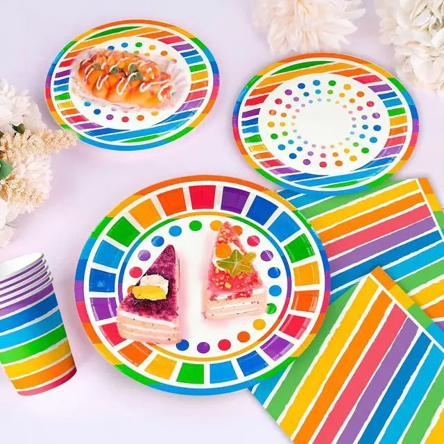Alt view image 3 of 7 - Rainbow Party Supplies,166pcs Rainbow Party Decorations & Tableware Set - Rainbow Party Plates Napkins Cups & Rainbow Birthday Decorations Balloons Banner etc Rainbow Themed Birthday Party Supplies