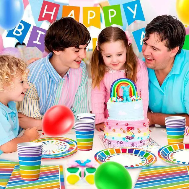 Alt view image 6 of 7 - Rainbow Party Supplies,166pcs Rainbow Party Decorations & Tableware Set - Rainbow Party Plates Napkins Cups & Rainbow Birthday Decorations Balloons Banner etc Rainbow Themed Birthday Party Supplies