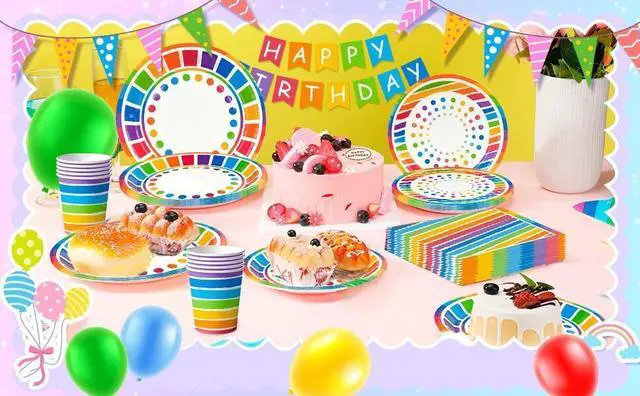 Alt view image 7 of 7 - Rainbow Party Supplies,166pcs Rainbow Party Decorations & Tableware Set - Rainbow Party Plates Napkins Cups & Rainbow Birthday Decorations Balloons Banner etc Rainbow Themed Birthday Party Supplies