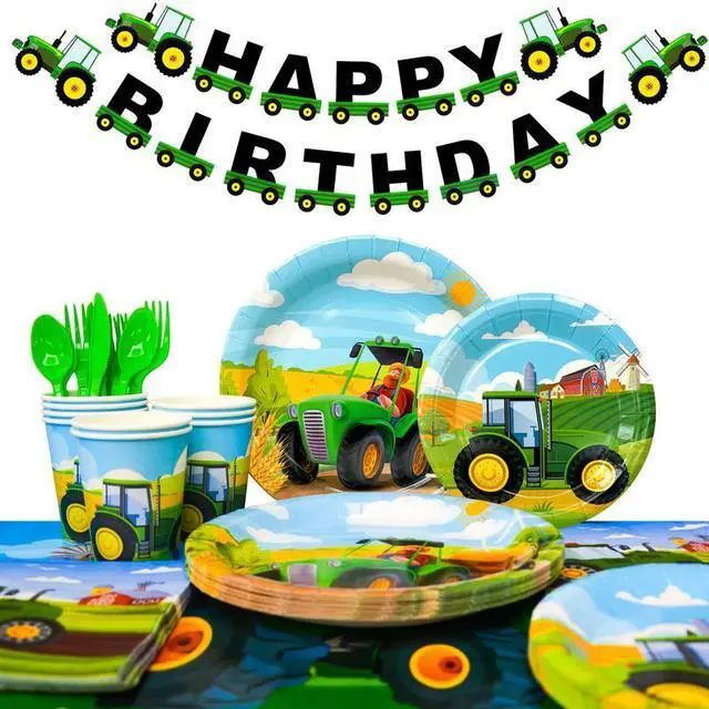 Main image of Tractor Birthday Party Supplies,130pcs Tractor Birthday Decorations Tableware Pack-Tractor Plates and Napkins Cups Tablecloth & Tractor Birthday Party Banner etc Tractor Themed Birthday Party Supplies