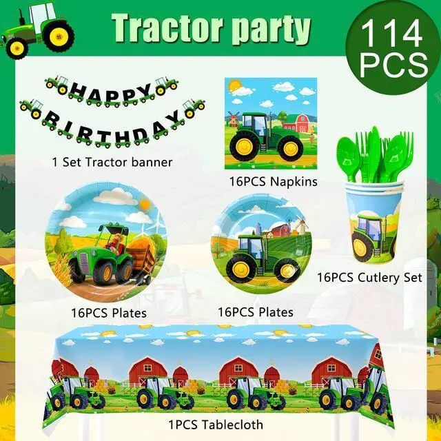 Alt view image 2 of 7 - Tractor Birthday Party Supplies,130pcs Tractor Birthday Decorations Tableware Pack-Tractor Plates and Napkins Cups Tablecloth & Tractor Birthday Party Banner etc Tractor Themed Birthday Party Supplies
