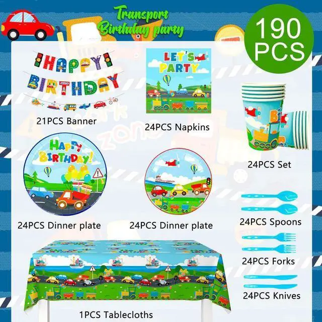 Alt view image 2 of 7 - Transportation Birthday Party Supplies,190pcs Transportation Party Tableware Set-Transportation Birthday Decor Banner Tablecloth Plates Napkin etc Bus Car Train Themed Birthday Party Supplies for Kids