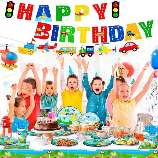 Alt view image 3 of 7 - Transportation Birthday Party Supplies,190pcs Transportation Party Tableware Set-Transportation Birthday Decor Banner Tablecloth Plates Napkin etc Bus Car Train Themed Birthday Party Supplies for Kids