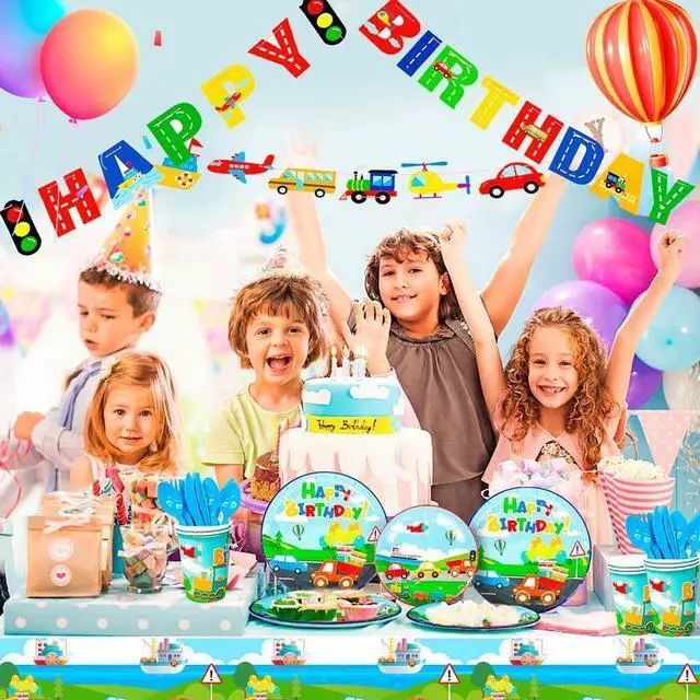 Alt view image 4 of 7 - Transportation Birthday Party Supplies,190pcs Transportation Party Tableware Set-Transportation Birthday Decor Banner Tablecloth Plates Napkin etc Bus Car Train Themed Birthday Party Supplies for Kids