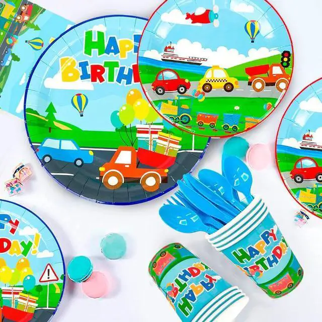 Alt view image 5 of 7 - Transportation Birthday Party Supplies,190pcs Transportation Party Tableware Set-Transportation Birthday Decor Banner Tablecloth Plates Napkin etc Bus Car Train Themed Birthday Party Supplies for Kids