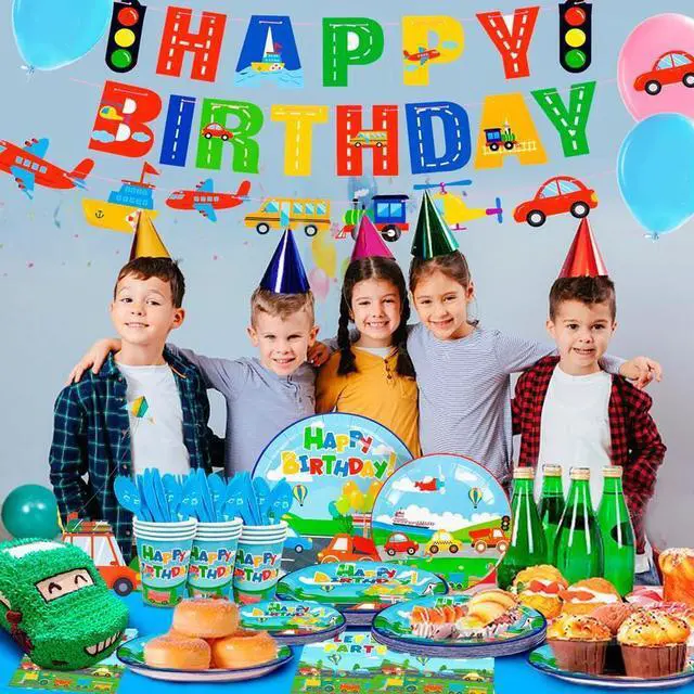 Alt view image 6 of 7 - Transportation Birthday Party Supplies,190pcs Transportation Party Tableware Set-Transportation Birthday Decor Banner Tablecloth Plates Napkin etc Bus Car Train Themed Birthday Party Supplies for Kids