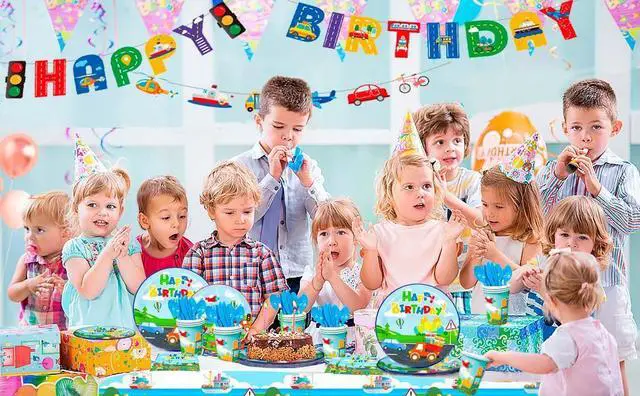 Alt view image 7 of 7 - Transportation Birthday Party Supplies,190pcs Transportation Party Tableware Set-Transportation Birthday Decor Banner Tablecloth Plates Napkin etc Bus Car Train Themed Birthday Party Supplies for Kids