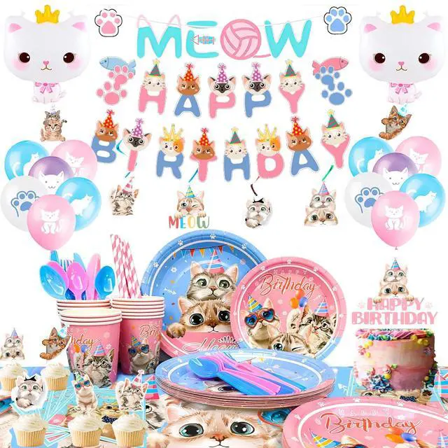Main image of Cat Birthday Party Supplies,178pcs Cat Party Decorations&Tableware Set-Kitten Birthday Party Decorations Balloons Banner&Cat Party Plates Cups Napkins Tablecloth etc Cat Themed Birthday Party Supplies