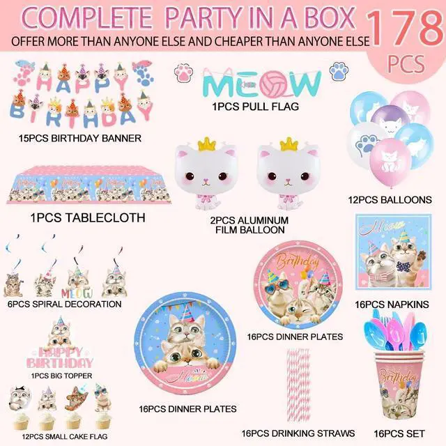 Alt view image 2 of 7 - Cat Birthday Party Supplies,178pcs Cat Party Decorations&Tableware Set-Kitten Birthday Party Decorations Balloons Banner&Cat Party Plates Cups Napkins Tablecloth etc Cat Themed Birthday Party Supplies