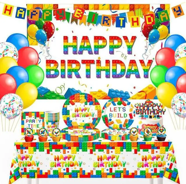 Main image of Building Block Birthday Party Supplies,114pcs Building Blocks Party Decorations & Tableware Set - Building Block Party Plates Tablecloth Banner Backdrop etc Building Blocks Themed Party Supplies