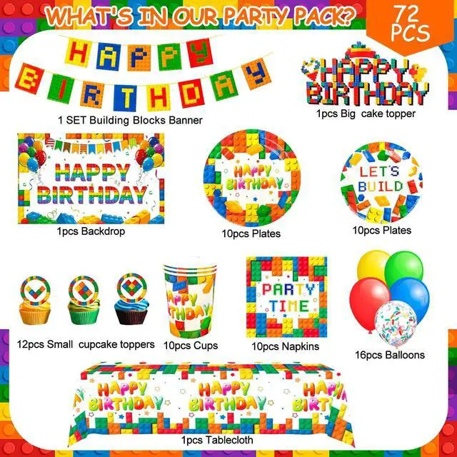 Alt view image 2 of 7 - Building Block Birthday Party Supplies,114pcs Building Blocks Party Decorations & Tableware Set - Building Block Party Plates Tablecloth Banner Backdrop etc Building Blocks Themed Party Supplies