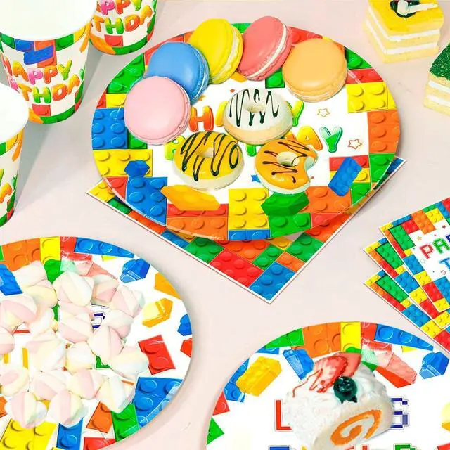 Alt view image 5 of 7 - Building Block Birthday Party Supplies,114pcs Building Blocks Party Decorations & Tableware Set - Building Block Party Plates Tablecloth Banner Backdrop etc Building Blocks Themed Party Supplies