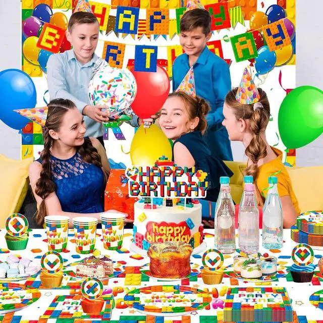 Alt view image 6 of 7 - Building Block Birthday Party Supplies,114pcs Building Blocks Party Decorations & Tableware Set - Building Block Party Plates Tablecloth Banner Backdrop etc Building Blocks Themed Party Supplies
