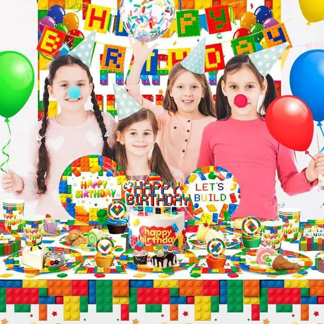 Alt view image 4 of 7 - Building Block Birthday Party Supplies,114pcs Building Blocks Party Decorations & Tableware Set - Building Block Party Plates Tablecloth Banner Backdrop etc Building Blocks Themed Party Supplies
