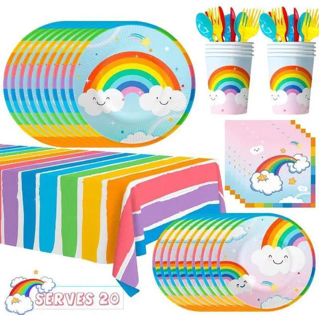 Main image of Rainbow Party Supplies,141pcs Rainbow Plates and Napkins Party Supplies Includ Rainbow Party Plates and Cups and Napkins Sets With Rainbow Tablecloth etc Rainbow Party Decorations for Girls Kids