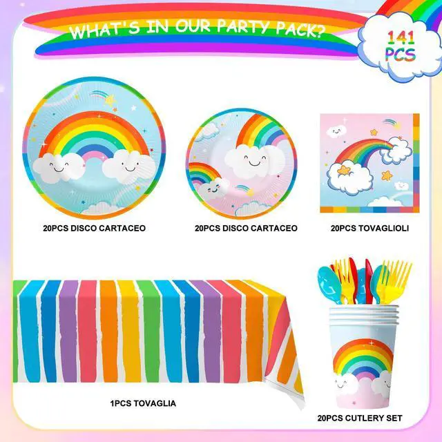 Alt view image 2 of 7 - Rainbow Party Supplies,141pcs Rainbow Plates and Napkins Party Supplies Includ Rainbow Party Plates and Cups and Napkins Sets With Rainbow Tablecloth etc Rainbow Party Decorations for Girls Kids