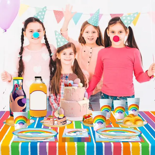 Alt view image 4 of 7 - Rainbow Party Supplies,141pcs Rainbow Plates and Napkins Party Supplies Includ Rainbow Party Plates and Cups and Napkins Sets With Rainbow Tablecloth etc Rainbow Party Decorations for Girls Kids