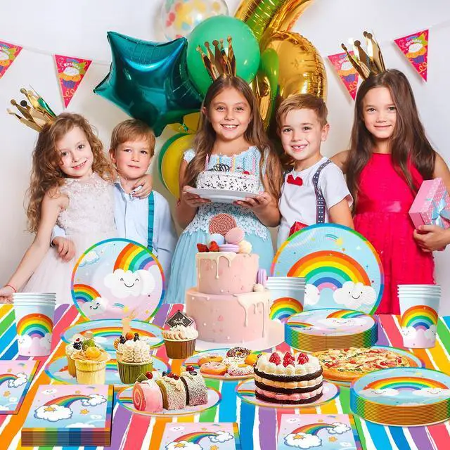 Alt view image 5 of 7 - Rainbow Party Supplies,141pcs Rainbow Plates and Napkins Party Supplies Includ Rainbow Party Plates and Cups and Napkins Sets With Rainbow Tablecloth etc Rainbow Party Decorations for Girls Kids