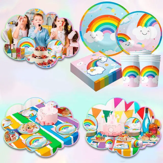 Alt view image 6 of 7 - Rainbow Party Supplies,141pcs Rainbow Plates and Napkins Party Supplies Includ Rainbow Party Plates and Cups and Napkins Sets With Rainbow Tablecloth etc Rainbow Party Decorations for Girls Kids
