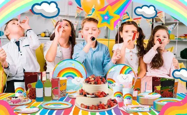 Alt view image 7 of 7 - Rainbow Party Supplies,141pcs Rainbow Plates and Napkins Party Supplies Includ Rainbow Party Plates and Cups and Napkins Sets With Rainbow Tablecloth etc Rainbow Party Decorations for Girls Kids