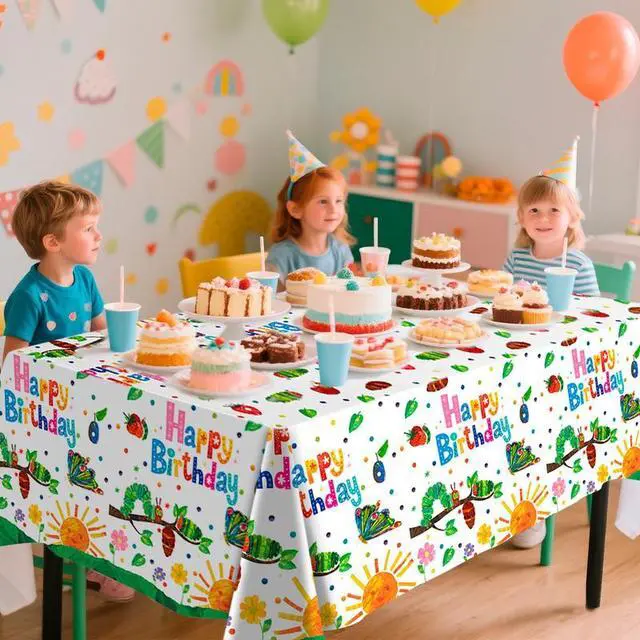 Alt view image 3 of 7 - "54 x 108'' Hungry Caterpillar Party Tablecloth Butterfly Decorations, 3 Pcs,Hungry Caterpillar Party Decorations, One Caterpillar Birthday Tablecloth, Caterpillar Birthday Party Supplies, Spring Par