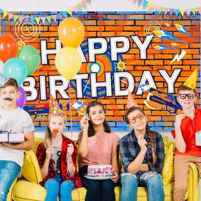 Alt view image 3 of 7 - Dart Battle Birthday Party Backdrop, 71x43'' Dart Happy Birthday Backdrop,Gun Themed Birthday Party Backdrop&Dart Battle Birthday Banner Background,for Dart Gun Birthday Party Decorations Supplies