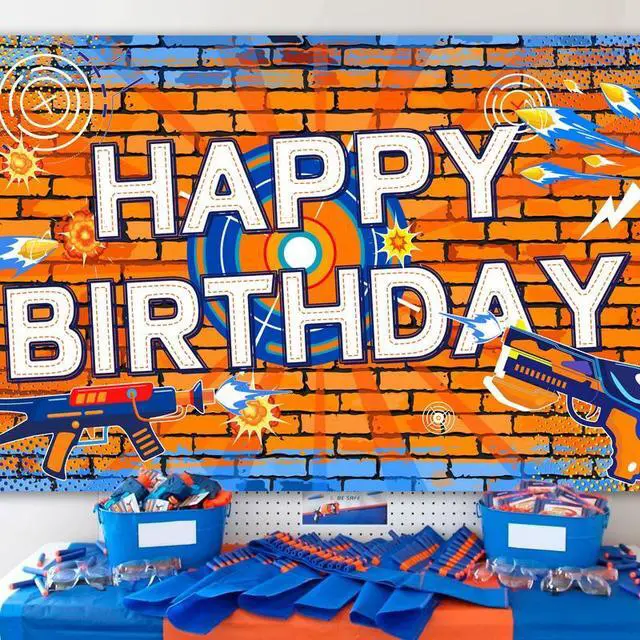 Alt view image 5 of 7 - Dart Battle Birthday Party Backdrop, 71x43'' Dart Happy Birthday Backdrop,Gun Themed Birthday Party Backdrop&Dart Battle Birthday Banner Background,for Dart Gun Birthday Party Decorations Supplies