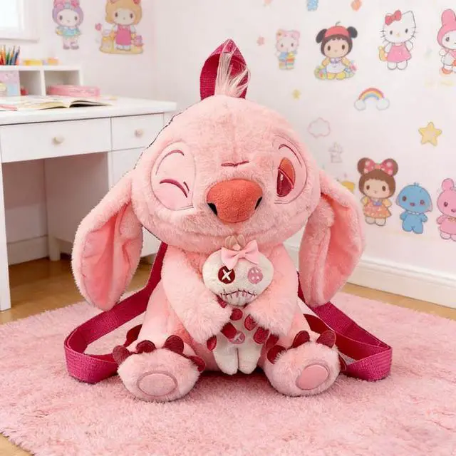 Alt view image 6 of 7 - Pink Stitch Plush Backpack 3D Girl Soft Mini Stitch Backpack Travel School Gift