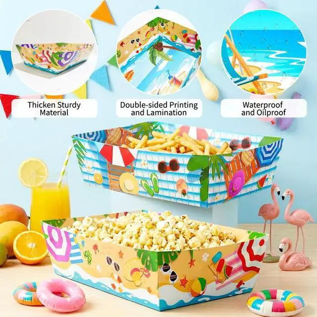 Alt view image 4 of 7 - 36pcs Summer Pool Paper Food Trays, Pool Popcorn Tray Beach Popcorn Tray Hawaiian Paper Food Boat Trays for Hawaii Tropical Party Decorations Supplies