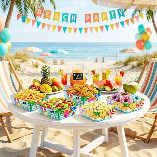 Alt view image 6 of 7 - 36pcs Summer Pool Paper Food Trays, Pool Popcorn Tray Beach Popcorn Tray Hawaiian Paper Food Boat Trays for Hawaii Tropical Party Decorations Supplies