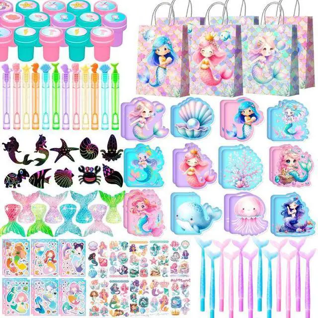 Main image of Mermaid Birthday Party Favors Bags Fillers, 108pcs Mermaid Goodie Bags Scratch Painting Bubbles Mini Notebooks Temporary Tattoo Make Your Own Mermaid Sticker etc Mermaid Party Decorations Supplies