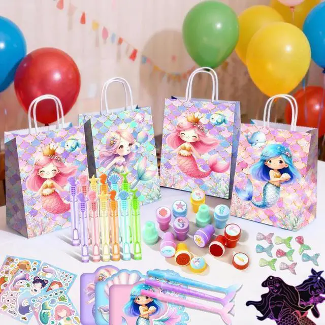 Alt view image 3 of 7 - Mermaid Birthday Party Favors Bags Fillers, 108pcs Mermaid Goodie Bags Scratch Painting Bubbles Mini Notebooks Temporary Tattoo Make Your Own Mermaid Sticker etc Mermaid Party Decorations Supplies