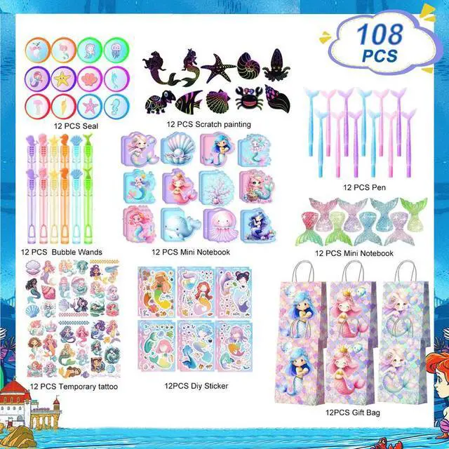 Alt view image 2 of 7 - Mermaid Birthday Party Favors Bags Fillers, 108pcs Mermaid Goodie Bags Scratch Painting Bubbles Mini Notebooks Temporary Tattoo Make Your Own Mermaid Sticker etc Mermaid Party Decorations Supplies