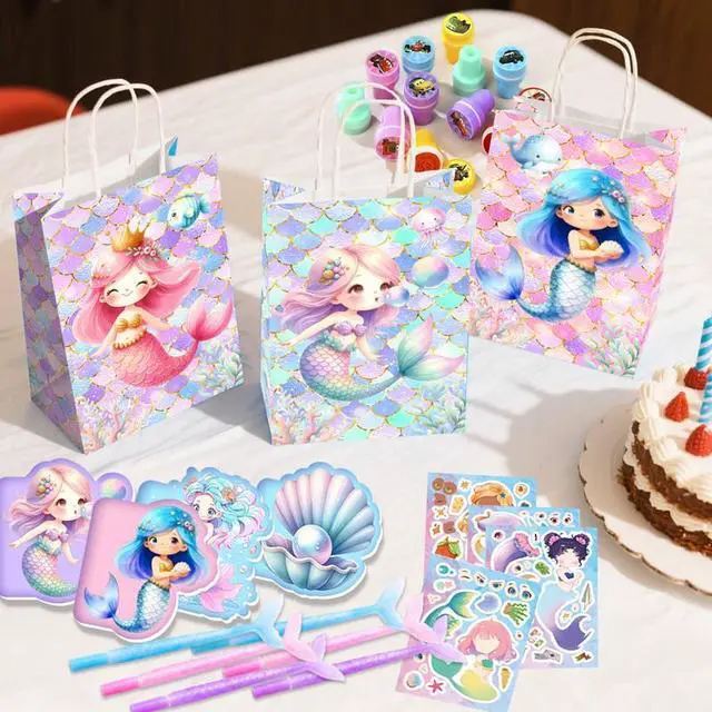 Alt view image 4 of 7 - Mermaid Birthday Party Favors Bags Fillers, 108pcs Mermaid Goodie Bags Scratch Painting Bubbles Mini Notebooks Temporary Tattoo Make Your Own Mermaid Sticker etc Mermaid Party Decorations Supplies