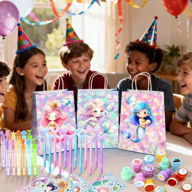 Alt view image 6 of 7 - Mermaid Birthday Party Favors Bags Fillers, 108pcs Mermaid Goodie Bags Scratch Painting Bubbles Mini Notebooks Temporary Tattoo Make Your Own Mermaid Sticker etc Mermaid Party Decorations Supplies