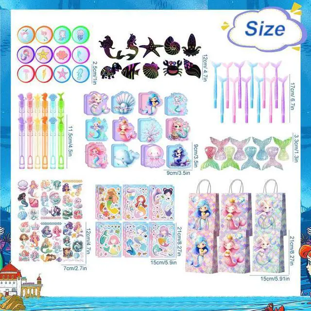 Alt view image 7 of 7 - Mermaid Birthday Party Favors Bags Fillers, 108pcs Mermaid Goodie Bags Scratch Painting Bubbles Mini Notebooks Temporary Tattoo Make Your Own Mermaid Sticker etc Mermaid Party Decorations Supplies