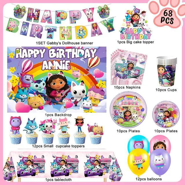 Alt view image 2 of 7 - Gabby Dollhouse Party Supplies,98pcs Gabby Dollhouse Party Decoration&Tableware Set - Gabby Dollhouse Birthday Party Plates Cups Napkins, Gabby Dollhouse Party Balloons Backdrop Banner etc Gabby Dollh