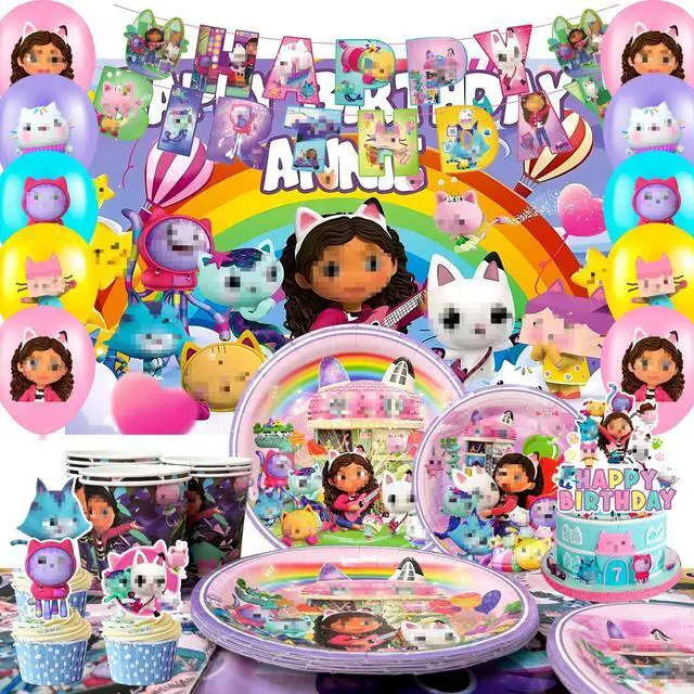 Main image of Gabby Dollhouse Party Supplies,98pcs Gabby Dollhouse Party Decoration&Tableware Set - Gabby Dollhouse Birthday Party Plates Cups Napkins, Gabby Dollhouse Party Balloons Backdrop Banner etc Gabby Dollh