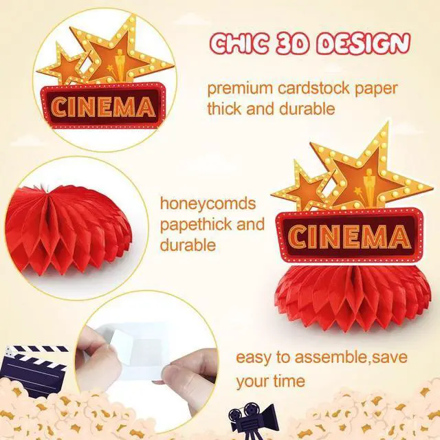 Alt view image 5 of 7 - Movie Night Honeycomb Centerpiece, 12 Pcs Movie Night Themed Honeycomb Centerpieces, Movie Theater Centerpiece Honeycomb & Movie Party Honeycomb Centerpiece for Movie Night Birthday Party Decorations