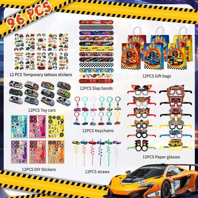 Alt view image 2 of 7 - Racing Party Favors Bags Fillers, 96pcs Race Car Birthday Party Favors Decorations Set Includes Racing Car Party Keychain Slap Bracelets Eyeglasses Tattoos Stickers etc Cars Birthday Party Supplies