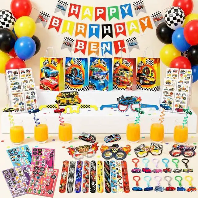 Alt view image 3 of 7 - Racing Party Favors Bags Fillers, 96pcs Race Car Birthday Party Favors Decorations Set Includes Racing Car Party Keychain Slap Bracelets Eyeglasses Tattoos Stickers etc Cars Birthday Party Supplies