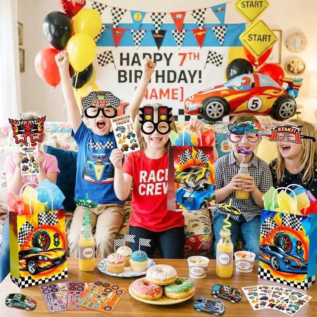 Alt view image 5 of 7 - Racing Party Favors Bags Fillers, 96pcs Race Car Birthday Party Favors Decorations Set Includes Racing Car Party Keychain Slap Bracelets Eyeglasses Tattoos Stickers etc Cars Birthday Party Supplies