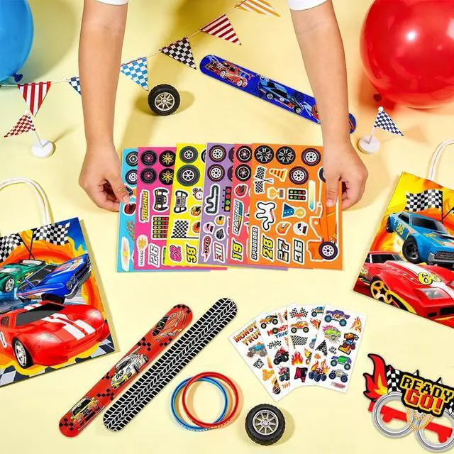Alt view image 6 of 7 - Racing Party Favors Bags Fillers, 96pcs Race Car Birthday Party Favors Decorations Set Includes Racing Car Party Keychain Slap Bracelets Eyeglasses Tattoos Stickers etc Cars Birthday Party Supplies