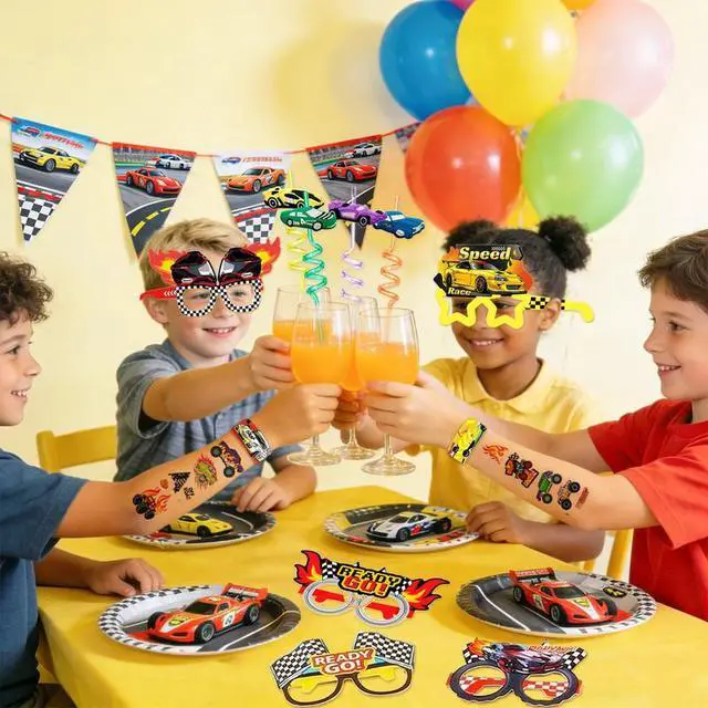 Alt view image 7 of 7 - Racing Party Favors Bags Fillers, 96pcs Race Car Birthday Party Favors Decorations Set Includes Racing Car Party Keychain Slap Bracelets Eyeglasses Tattoos Stickers etc Cars Birthday Party Supplies