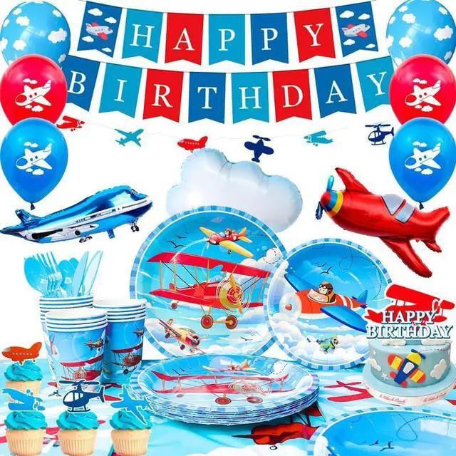 Main image of Airplane Birthday Party Decorations,162pcs Airplane Party decorations & Airplane Party Tableware set - Airplane Plates Napkins Cups Table Cloth Balloons Backdrop etc Airplane Birthday Party Supplies